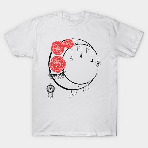 Ligh Moon with Transparent lines Red Roses Tattoo T-Shirt by Kalma Kun